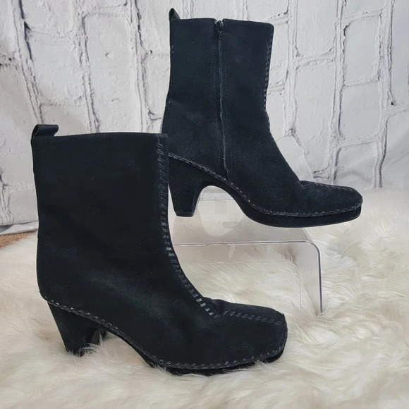 Paolo Shoes - Linea Paolo Womens Suede Leather Square Toe Chunky Heel Black Mid-Calf Boot Chic